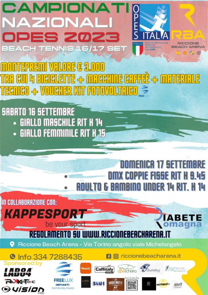 16-17 Settembre  “CAMPIONATI NAZIONALI BEACH TENNIS OPES AMATORIALI” Al Riccione Beach Arena, A Favore Di Diabete Romagna